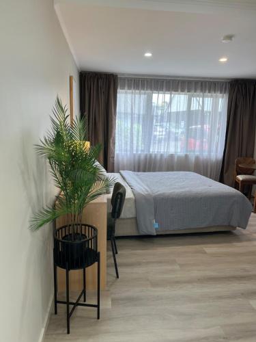 a bedroom with a bed and a potted plant at Cozy Ensuite Room with Amenities & Private Entrance in Auckland