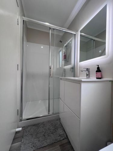 a white bathroom with a shower and a sink at Cozy Ensuite Room with Amenities & Private Entrance in Auckland