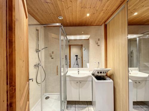 une salle de bain avec une douche et un lavabo et une douche dans l'établissement Clos 24 - appartement - 5 pers - proche centre, aux Gets
