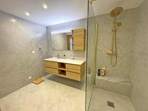 une salle de bain avec un lavabo et une douche dans l'établissement Panoramic Sea View Promenade, à Nice