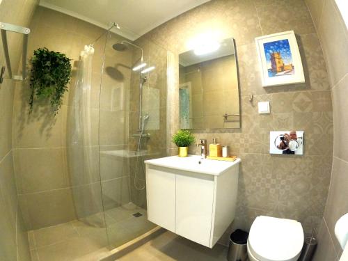 a bathroom with a shower and a toilet and a sink at Lisboa T3 moderno Benfica in Lisbon