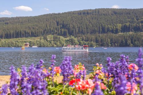 people on a boat on a lake with flowers at Drei Tannen - Wohnung 05 - Apartmenthaus, Titisee, nahe Badeparadies in Titisee