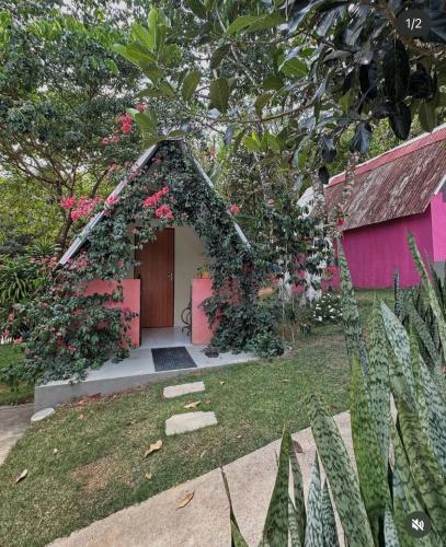 a pink house with flowers in front of it at Chalé das hortênsias in Bonito