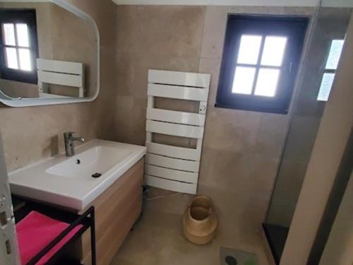 une salle de bain avec un lavabo, un miroir et une douche dans l'établissement Maison 8 pers, jardin privatif, climatisation, animaux admis - FR-1-475-185, à Saintes-Maries-de-la-Mer