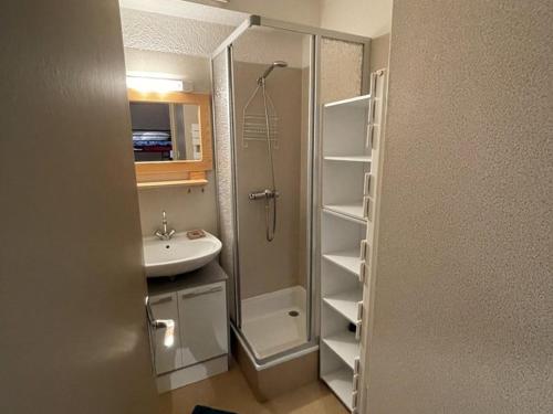 La petite salle de bains est pourvue d'une douche et d'un lavabo. dans l'établissement Coquet studio avec terrasse au Lioran, animaux admis - FR-1-787-119, à Laveissière