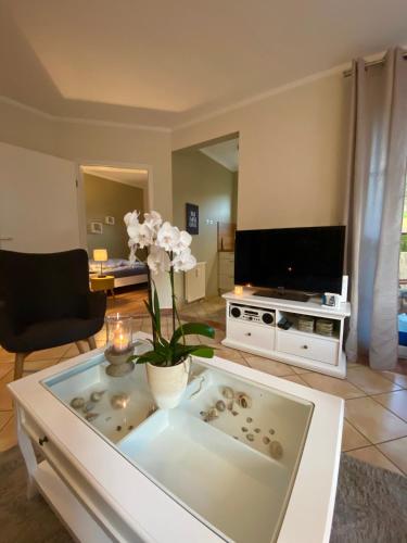 a living room with a tv and a table with flowers at Meerzeit in Zingst
