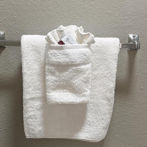 a towel hanging on a towel rack on a wall at Deluxe inn in Bossier City