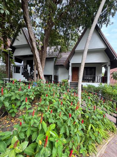 a garden of red flowers in front of a house at Tok Little Hut in Rayong