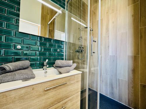 une salle de bain avec un lavabo et une douche dans l'établissement Studio rénove et idéalement situé dans le centre des Sables dOlonne 2 pers, à Les Sables-dʼOlonne
