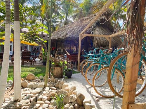 a group of blue chairs in front of a hut at Frida Paradise Beach Hotel - Punta Zicatela in Brisas de Zicatela