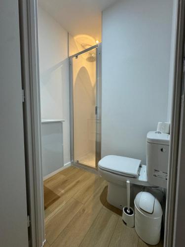 une salle de bain avec toilettes et douche en verre dans l'établissement M97 Marquer joli studio Faucigny, à Annemasse
