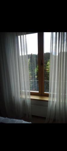 a window with white curtains in a room at WOODside 70m2 Kopaonik in Kopaonik