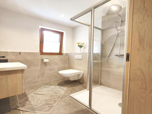 a bathroom with a toilet and a glass shower at Exclusive apartment with garden and whirlpool in Ramsau