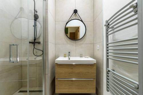 une salle de bain avec un lavabo et un miroir dans l'établissement Joli 2 pièces au port de Nice, à Nice