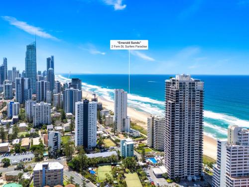 an aerial view of a city and the ocean at Emerald Sands Holiday Apartments in Gold Coast