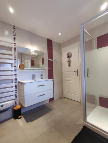 une salle de bain avec un lavabo blanc et une douche dans l'établissement La maison vigneronne, à Polignac