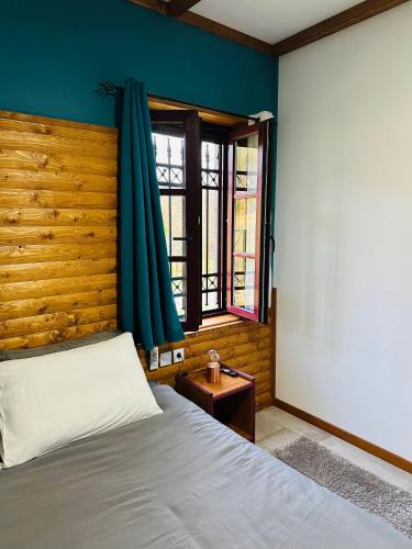 a bedroom with a bed with blue walls and a window at Λαμπρινής Guest House-Zagori in Asprangeloi