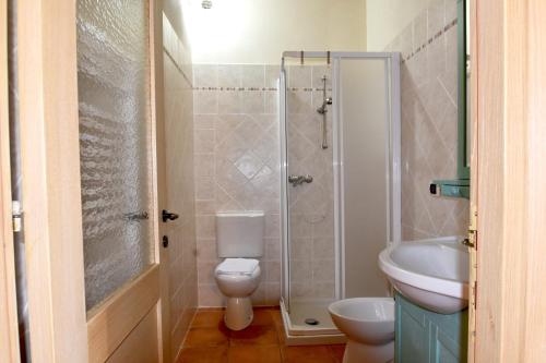 a bathroom with a shower and a toilet and a sink at Cascina Cadorna 2 in Montegrino Valtravaglia