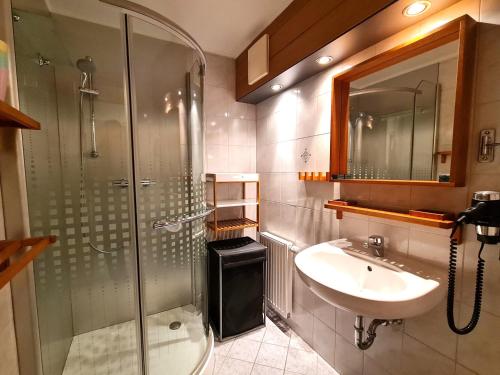 a bathroom with a glass shower and a sink at Gurkhof Ferienwohnungen in Gnesau