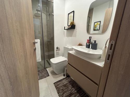 een badkamer met een wastafel, een toilet en een douche bij luxuary 1 bed at Nova in Accra