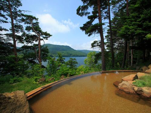 a pool of water with a view of a lake at Urabandai Lake Resort Goshiki no Mori in Kitashiobara