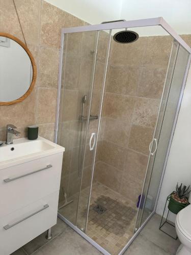 une douche avec une porte vitrée dans une salle de bain dans l'établissement Chez Elena, à La Brillanne