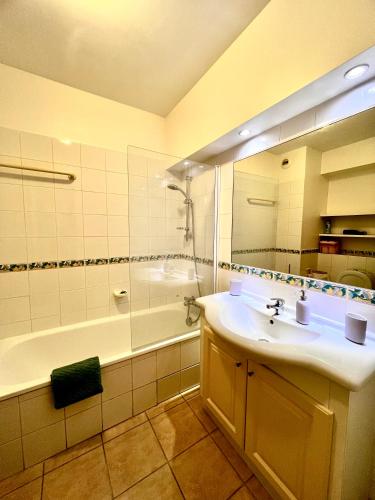 une salle de bain avec un lavabo, une baignoire et un miroir dans l'établissement Appartement Monaco Palais Joséphine, à Beausoleil