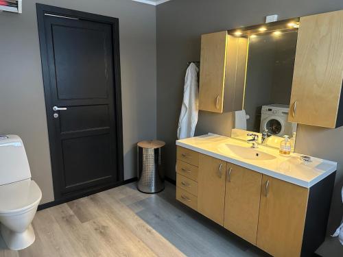 ein Badezimmer mit Waschbecken, Toilette und Spiegel in der Unterkunft Large apartment with great views in Senja