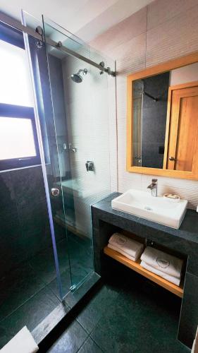a bathroom with a sink and a glass shower at Canada Central & Rooftop in Mexico City