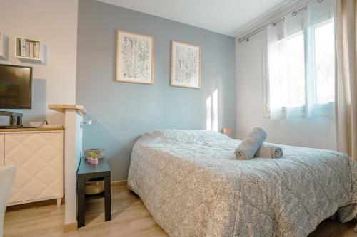 グレウー・レ・バンにあるStudio Coté Jardinのベッドとテレビと窓のある寝室