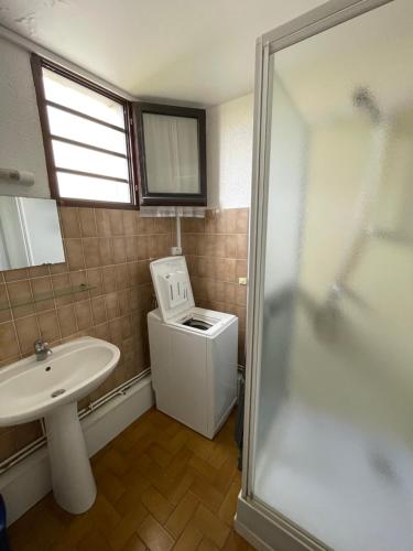une petite salle de bain avec un lavabo et une douche dans l'établissement Réf 434 Seignosse océan, appartement classé 2 étoiles, accès direct à l'océan et place de parking privée, 4 personnes, à Seignosse