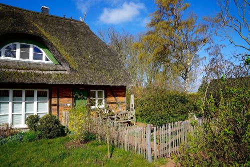 a cottage with a thatched roof and a fence at Reethaus Mertinat For Six in Brandenhusen