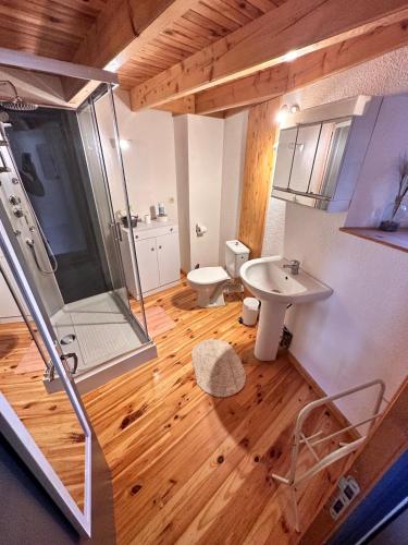une salle de bain avec une douche, des toilettes et un lavabo dans l'établissement Maison familiale à 10 minutes de Llivia, à Angoustrine