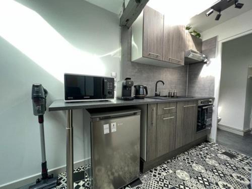 une cuisine avec un comptoir avec un micro-ondes dans l'établissement Le Petit Rive Gauche - Blois, à Blois