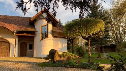 a white house with a tree in front of it at Naturnahe Gästewohnung im Heidelandhaus Henzendorf in Henzendorf