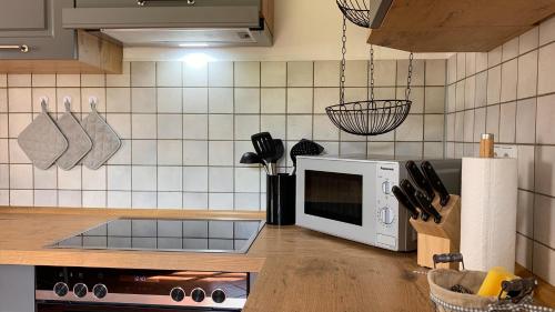 a kitchen with a counter top with a microwave at Naturnahe Gästewohnung im Heidelandhaus Henzendorf in Henzendorf