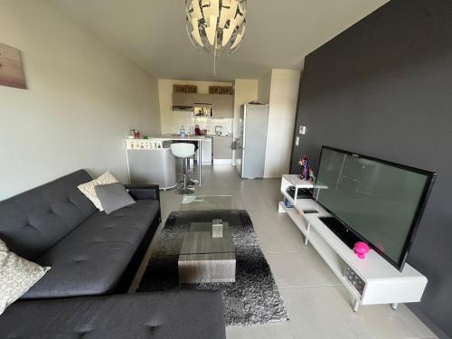 - un salon avec un canapé et une grande télévision dans l'établissement T2 Design dans résidence neuve, à Billère