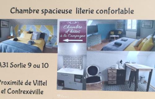a collage of pictures of a bedroom with a bed and a desk at chambre d hôtes à la campagne in Tilleux