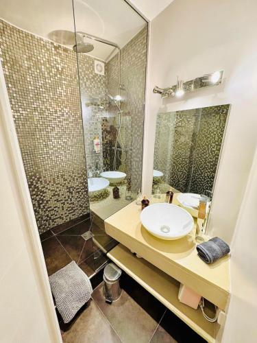 une salle de bain avec un lavabo et une douche dans l'établissement Charmant cocon au cœur de Montmartre, à Paris