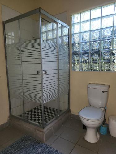a shower stall with a toilet in a bathroom at Ma's Cottage in Sodwana Bay