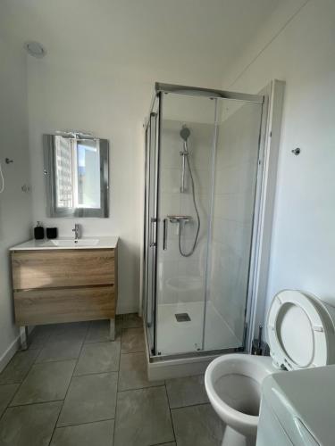 une salle de bain avec une douche, des toilettes et un lavabo dans l'établissement Studio bord de plage - vue mer, à Argelès-sur-Mer