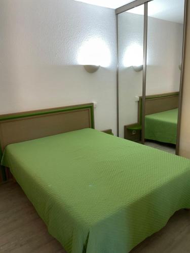 - une chambre avec un lit vert et un miroir dans l'établissement Bel appartement climatisé Saint-Raphaël, à Saint-Raphaël
