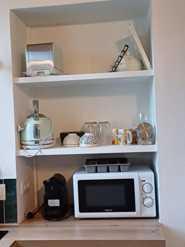 a kitchen with a microwave on a shelf at Gare Montparnasse,gorgeous1 bedroom,close to Eiffel tour,center , stuning place in Paris