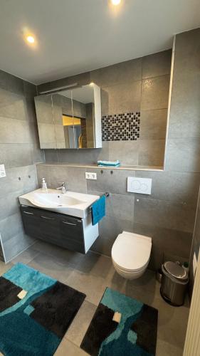 a bathroom with a sink and a toilet and a mirror at Moderne Wohnung in Achern, Schwarzwald in Achern