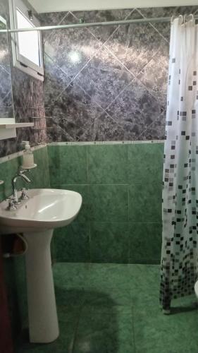 a green bathroom with a sink and a shower at El Cañaveral in Capilla del Monte