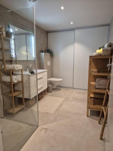 a bathroom with a sink and a toilet and a mirror at Vakker leilighet i Åros in Søgne