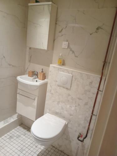 une salle de bain blanche avec des toilettes et un lavabo dans l'établissement Chambre proche centre ville monuments, à Paris