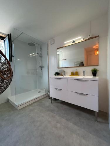 une salle de bain avec un lavabo, une douche et un miroir dans l'établissement Maison à deux pas des plages avec jardin, terrasses et spa., à Mèze