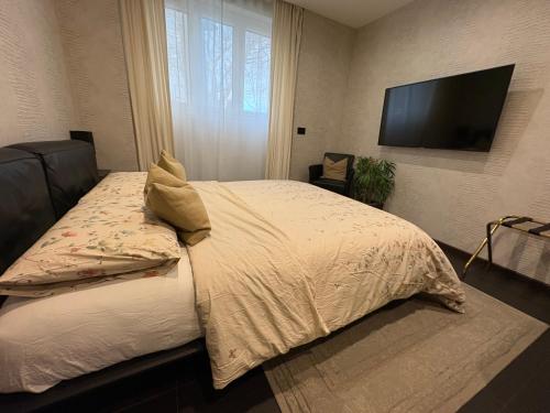 a bedroom with a bed and a flat screen tv at Ursich casa studio in Trieste