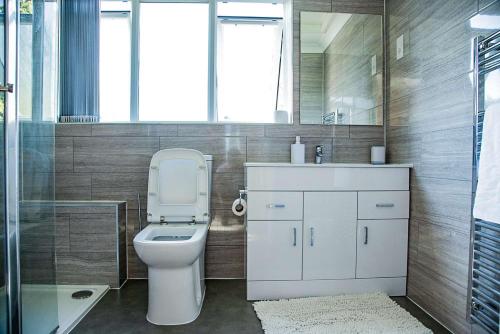 a bathroom with a toilet and a sink and a mirror at Nicely decorated 3 bedroom house near Heathrow, London in London